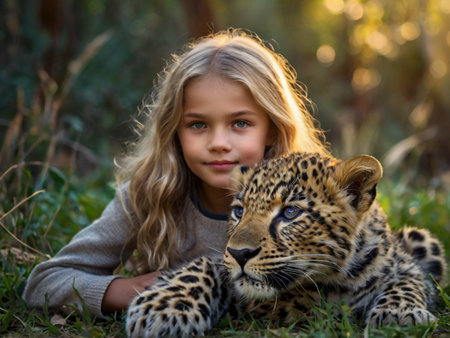 Little girl with a leopard in her arms in the forest.の素材