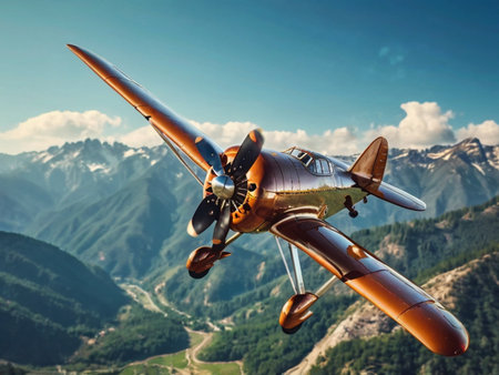 Retro airplane on the background of the mountains. 3d renderingの素材
