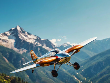 Vintage airplane flying in the blue sky, Caucasus Mountains, Georgiaの素材