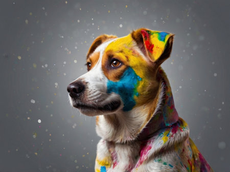 Funny dog with a multicolored scarf on a gray backgroundの素材
