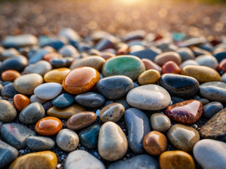 colorful pebbles on the beach at sunset. close upの素材