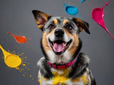 funny mixed breed dog with paint splashes on gray studio backgroundの素材