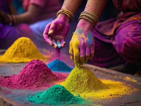 Indian Holi Festival Holi, holi colorful powder in handsの素材