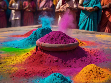 Colorful holi powder in bowl, India. Holi festivalの素材