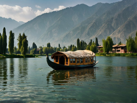 Boat on the lake,Ladakh,Jammu and Kashmir,Indiaの素材