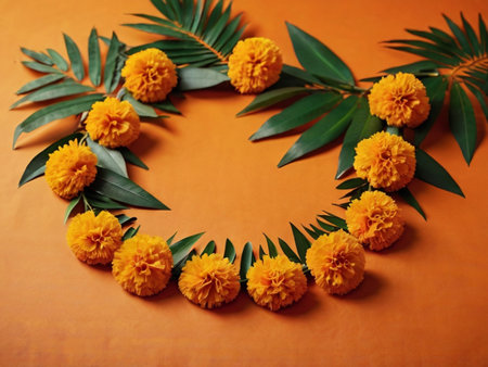Flower wreath with marigold flowers on orange background.の素材