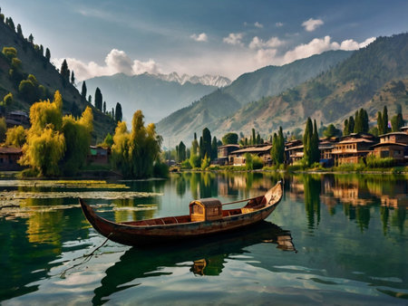 Wooden boat on the lake in the Himalayas, Nepalの素材