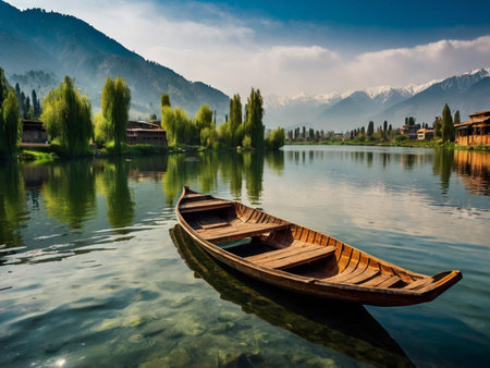 Wooden boat on the lake with mountains in the background, Kashmir, Indiaの素材
