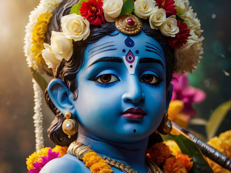 Hindu God Ganesha with flowers in his hair, close upの素材