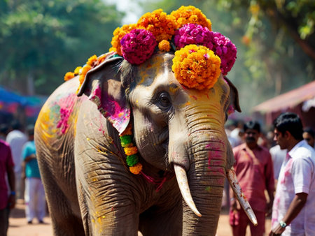 An elephant with flowers on its head in Kolkata, West Bengal, India.の素材