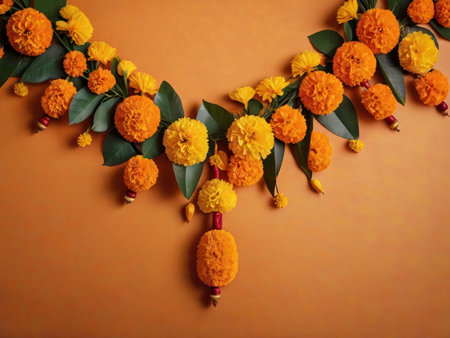 Indian Festival Dussehra, showing golden leaf and marigold flowersの素材