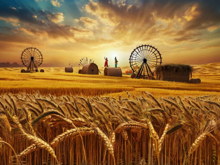 Wheat field and fairground at sunset. 3d rendering.の素材