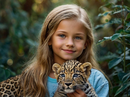 Little girl holding a leopard cub in her arms. Portrait of a cute little girl with a wild animal.の素材