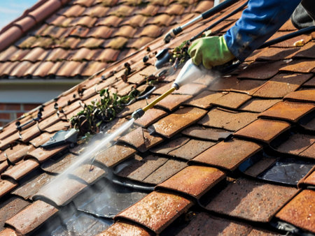 Roof cleaning with a high pressure washer. Selective focus.の素材