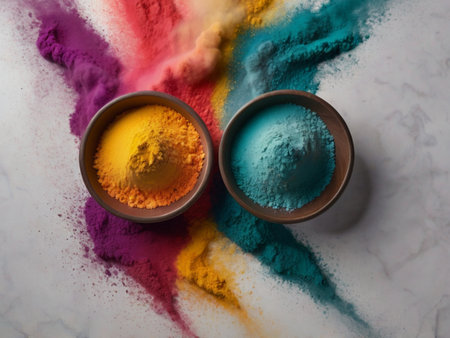 Colorful holi powder in bowlsle background, top viewの素材
