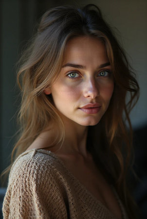 Portrait of a beautiful young woman with blue eyes and brown sweaterの素材