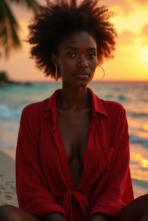 Beautiful young African American woman in red shirt on the beach at sunsetの素材