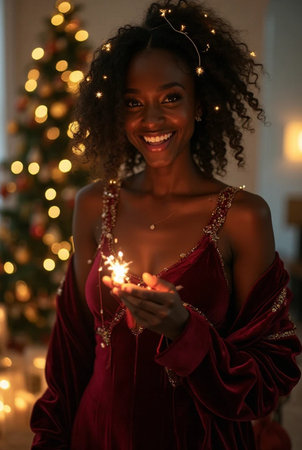 happy african american woman holding sparkler in christmas decorated roomの素材