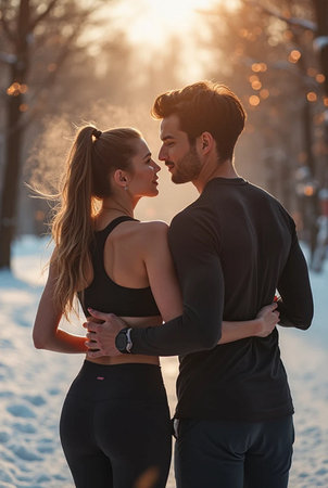 Athletic couple in sportswear running in the winter park.の素材