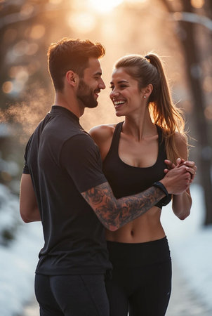 Portrait of a smiling young couple in sportswear jogging together outdoorsの素材