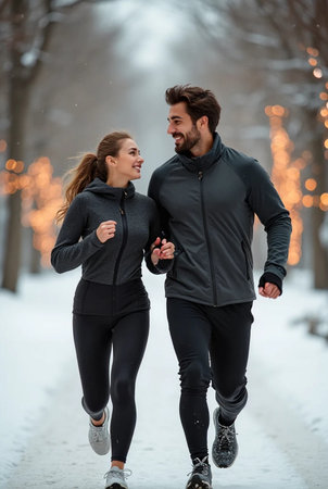 Young couple jogging in winter park. Healthy lifestyle and fitness concept.の素材