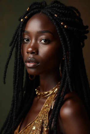 Beautiful african american woman with dreadlocks on dark backgroundの素材