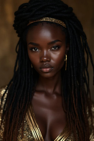 Beautiful african american woman with dreadlocks hairstyle in golden dressの素材