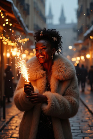 Cheerful african american woman in fur coat with sparklers on the street.の素材
