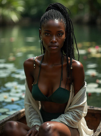Portrait of a beautiful young African American woman in a boatの素材