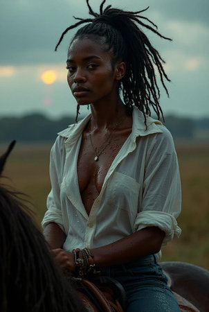Beautiful young African woman with dreadlocks wearing white shirt and jeans sitting on a horse.の素材