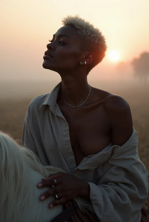 Beautiful african american woman with white horse in field at sunsetの素材
