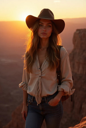 Beautiful young woman in cowboy hat at sunset in Canyonlands National Park, Utah, USAの素材