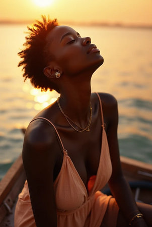 Beautiful African American woman at sunset on a boat.の素材