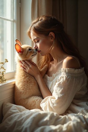 Beautiful young woman with dog at home on the windowsill.の素材