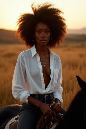 Beautiful african american woman with afro hairstyle in white shirt and jeans sitting on horseback at sunsetの素材