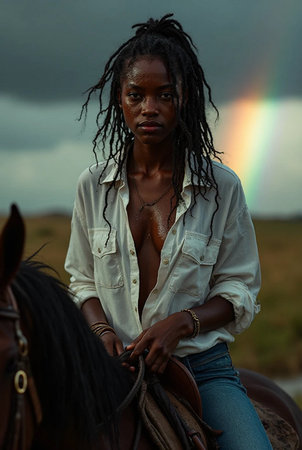 Portrait of a beautiful young black woman with dreadlocks, wearing a white shirt and jeans, sitting on a horse, with a rainbow in the backgroundの素材