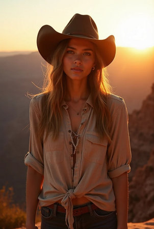 Beautiful young woman in cowboy hat posing at sunset over mountain landscapeの素材