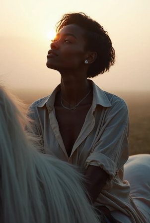 Beautiful young African American woman with a white horse at sunsetの素材