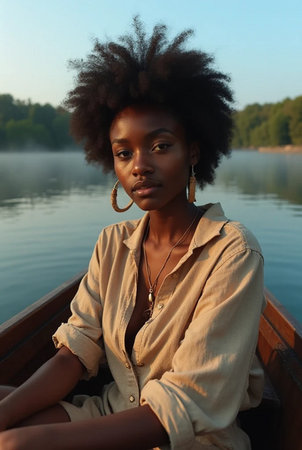 Beautiful young African American woman with afro hairstyle in a boatの素材