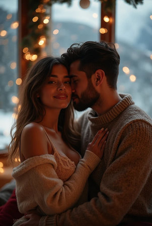 Beautiful young couple in love hugging in a room decorated for Christmasの素材