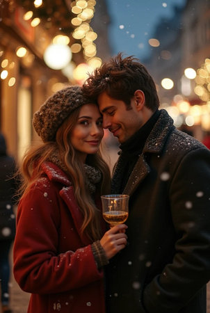 Beautiful young couple in love kissing and drinking champagne on Christmas street.の素材