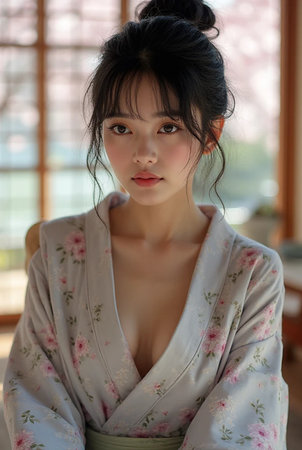 Portrait of beautiful Asian woman in Japanese bathrobeの素材