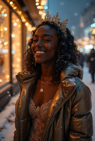 Beautiful african american woman in a golden crown on the background of Christmas lightsの素材