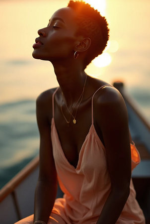 Beautiful African American woman at sunset on a yacht.の素材