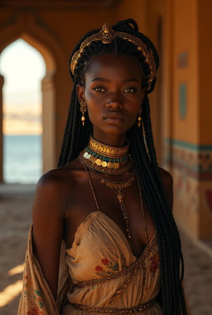Beautiful african american woman with braids in traditional dressの素材