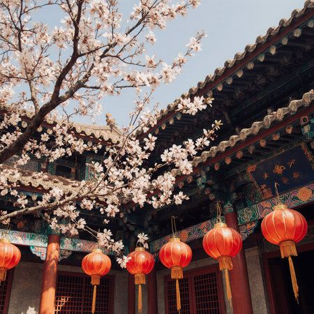 Beautiful blooming cherry blossom tree with red lanterns in the templeの素材