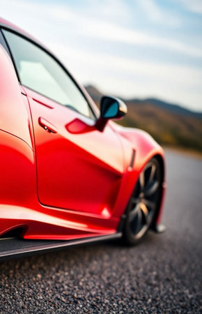 Red sport car on the road. Close-up. Concept of sport and travel.の素材