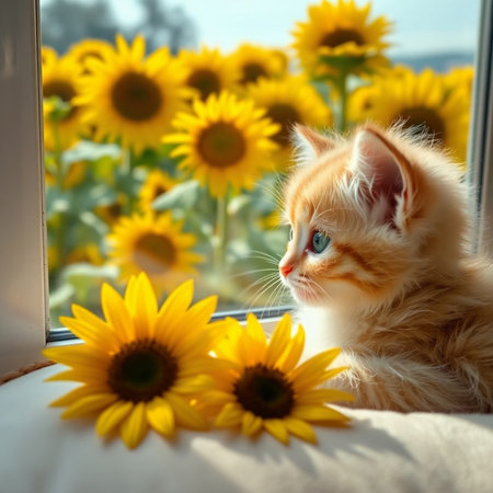Cute ginger kitten with sunflowers on the windowsill.の素材