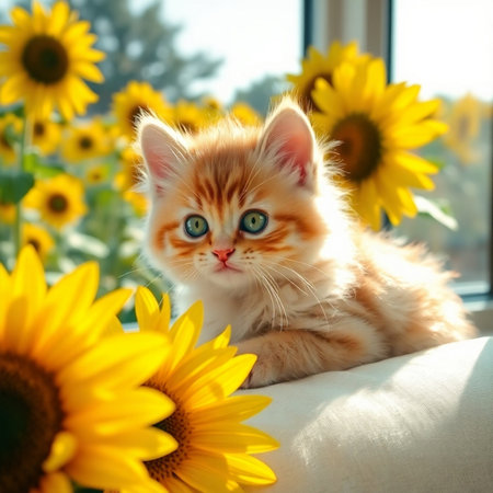 Cute ginger kitten with sunflowers on the windowsill.の素材