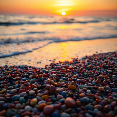 Colorful pebble stones on the beach at sunset or sunrise.の素材